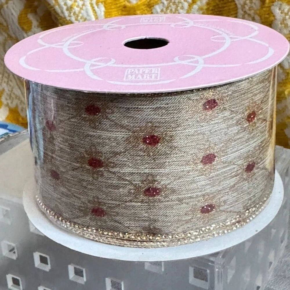 2-1/2 in. X 10 YD Natural Jeweled Trellis Wired ribbon Red Glitter Gold Trim